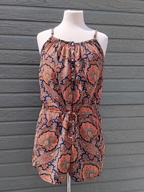 Vanilla Star Navy and Coral Paisley Romper
